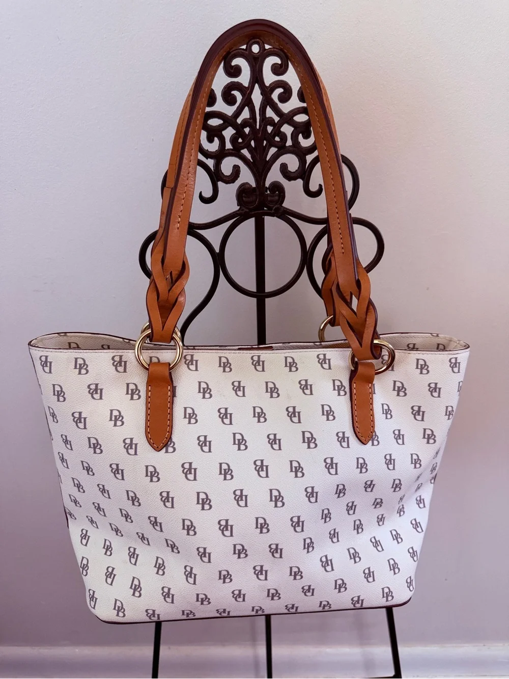Dooney & Bourke White Logo Tote with Tan Leather Handles and Gold Plaque
